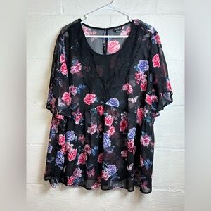 Torrid Black Multi-Color Floral Print Crinkled Chiffon Lace Trim Top Blouse 3XL